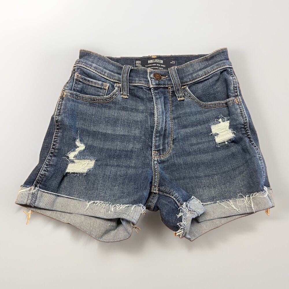 Hollister Women’s High Rise Denim Shorts W28 000 Distressed Cuffed Blue 3”